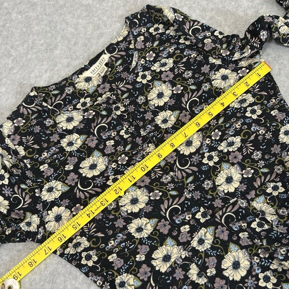 AEO SOFT & SEXY Dress S Floral Knit Navy Fit & Flare Bell LS Keyhole Flowy Cut - Picture 8 of 12